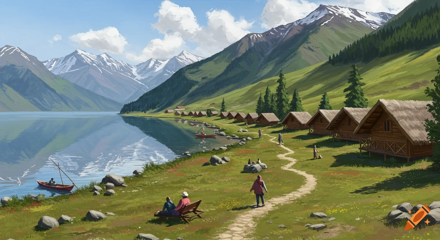 Digital painting of wooden lodges next to a mountain lake with people enjoying the scenery.