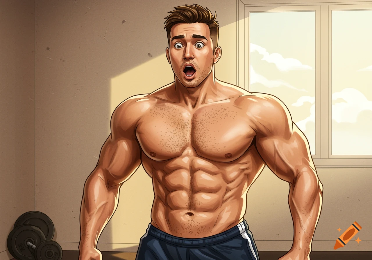 A muscular man with a surprised expression stands in a gym.