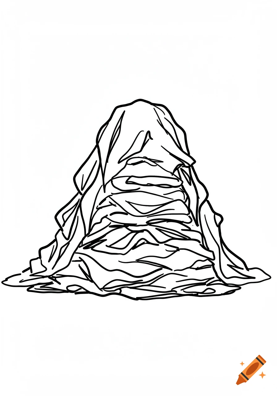 A simple black and white line drawing of a tall pile of laundry.
