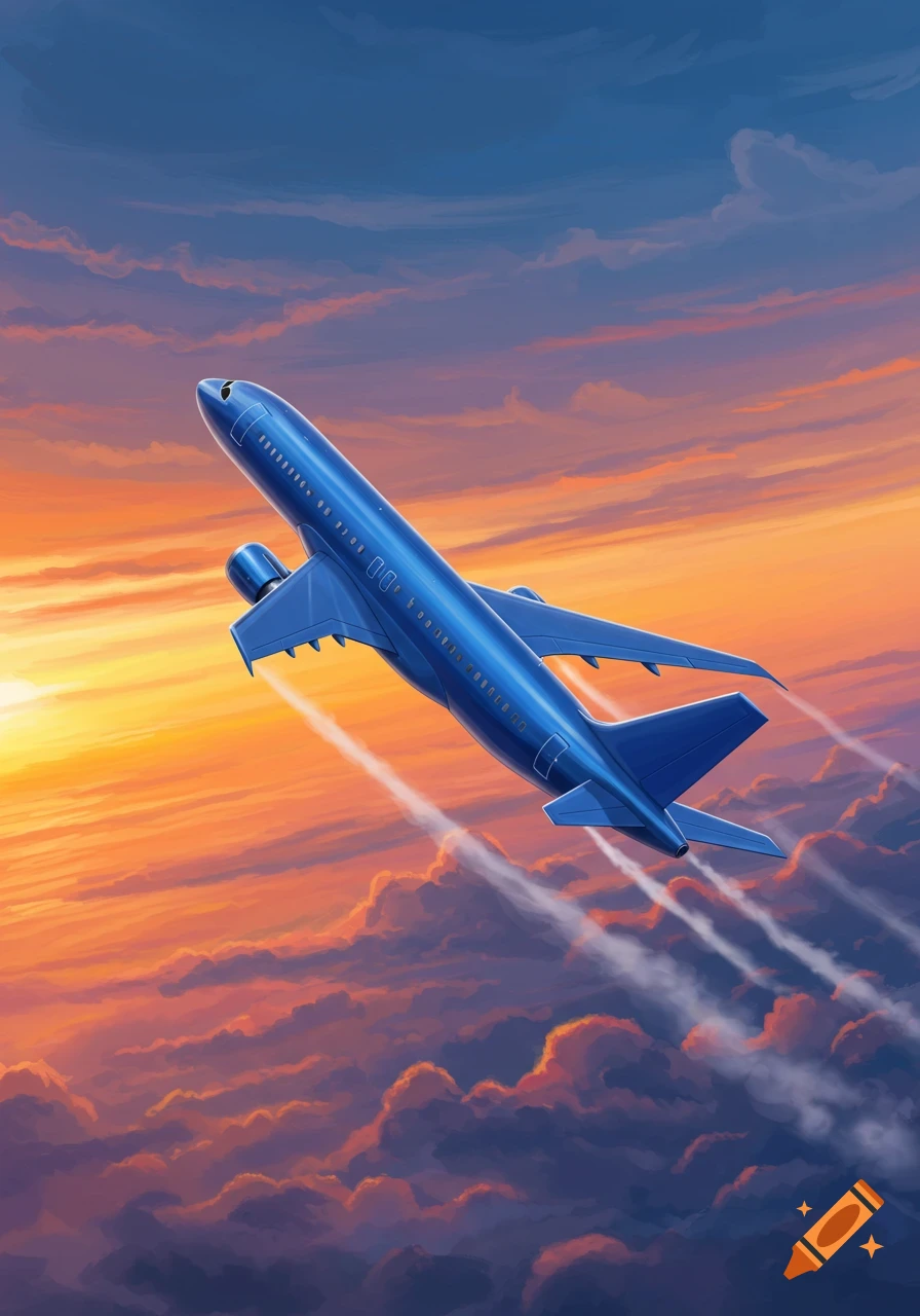 A blue airplane flies up through a sky filled with orange and purple sunset clouds.