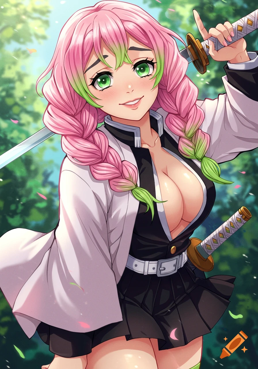 Anime drawing of Mitsuri Kanroji from Demon Slayer smiling and holding her sword