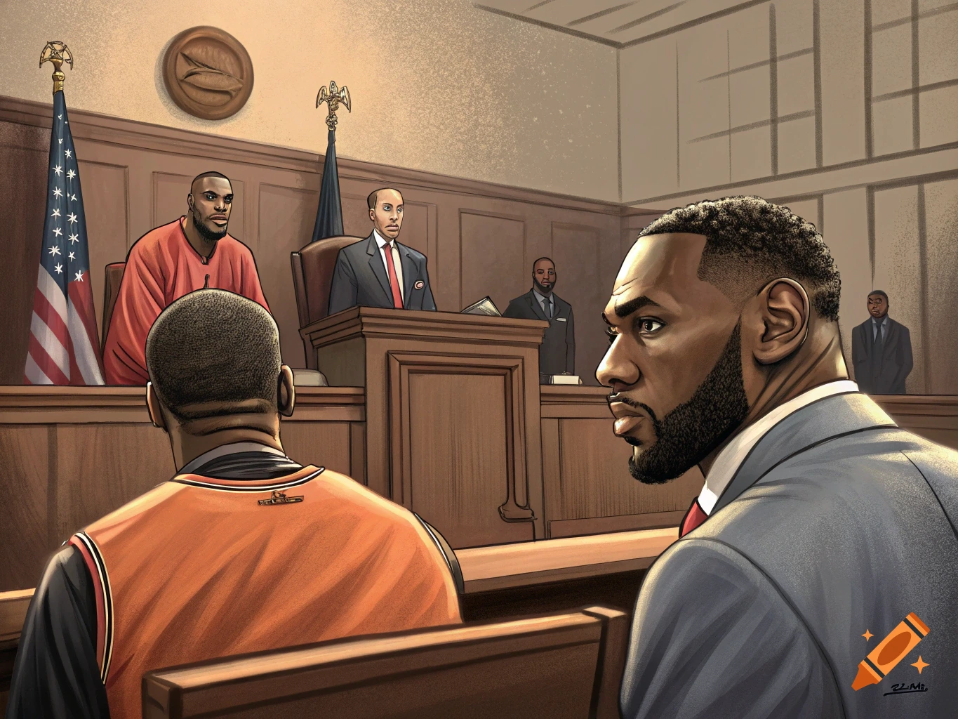Illustration of a courtroom scene with people resembling basketball players.