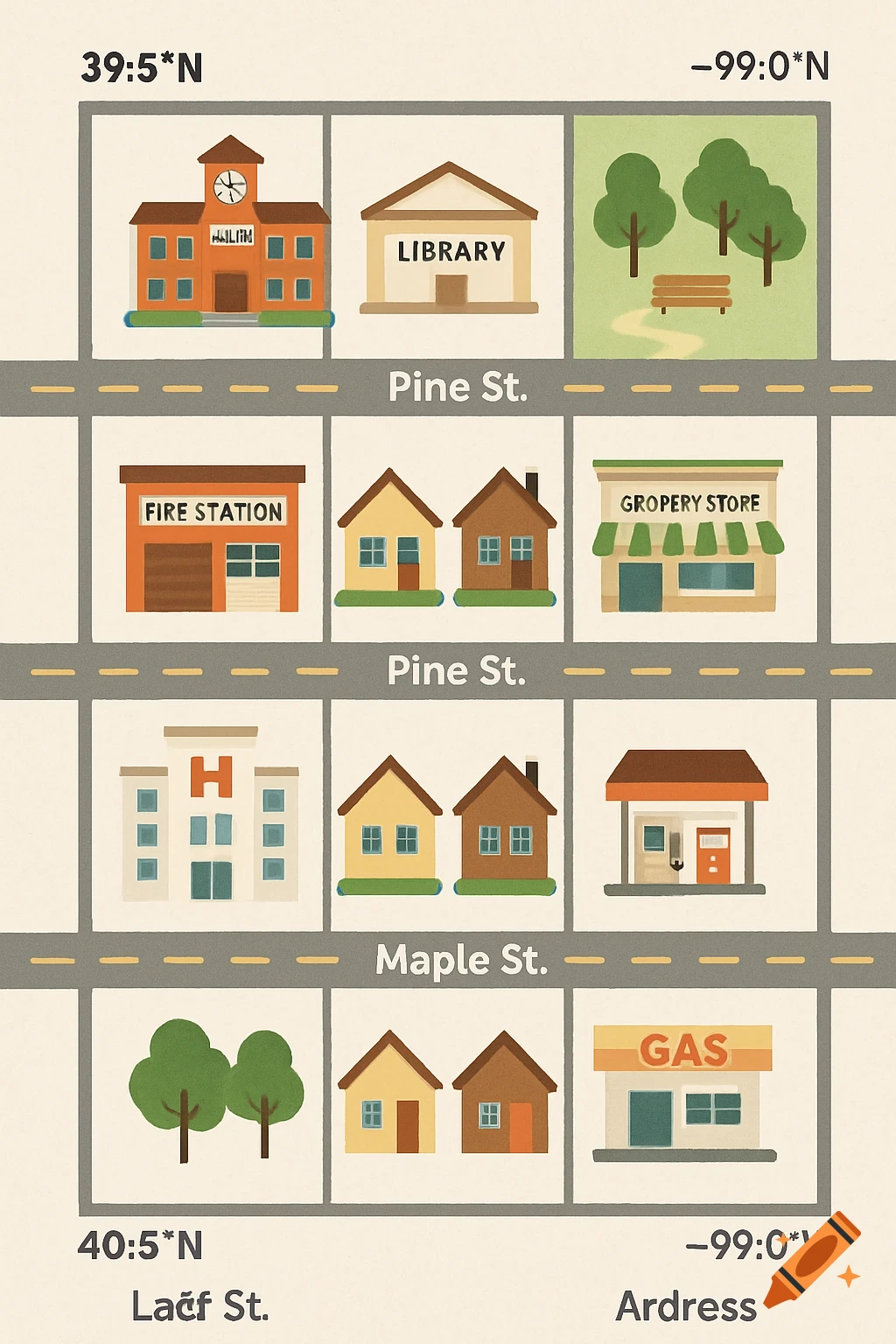 A simple grid illustration of a town map with buildings like a school, library, fire station, grocery store, hospital, gas station, houses, and roads with street names and coordinate labels.