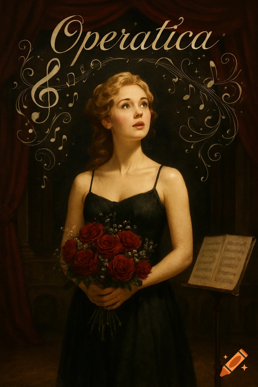 A woman in a black dress holds roses on a stage with music notes and the title "Operatica".