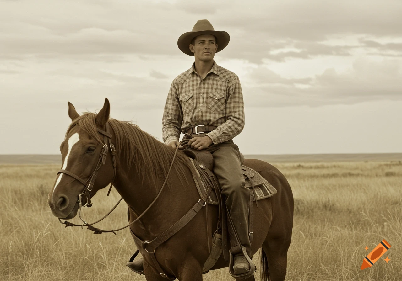 A sepia-toned photo of a cowboy on a horse in a prairie field.