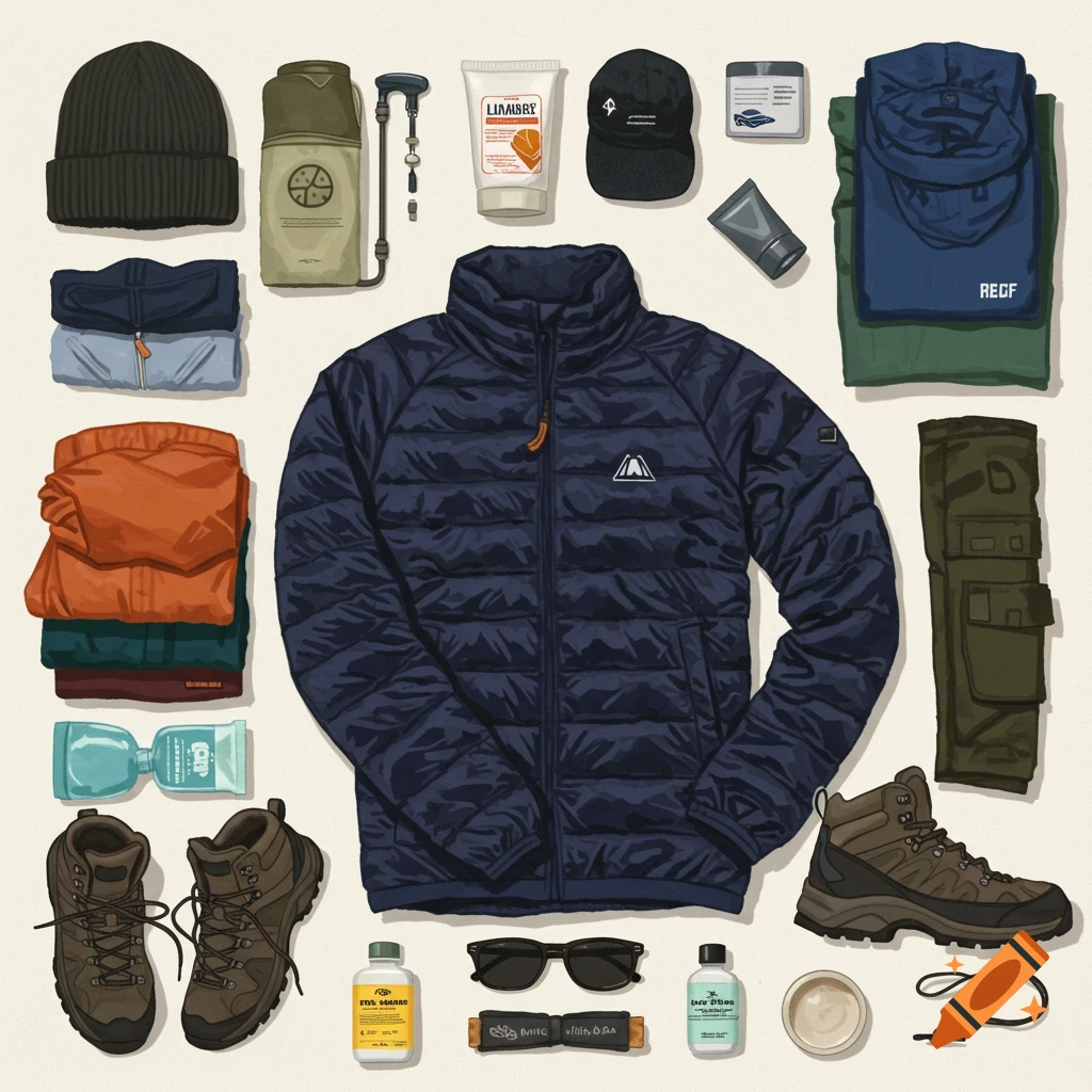 Flat lay of hiking gear, including jacket, clothes, boots, beanie, and toiletries.