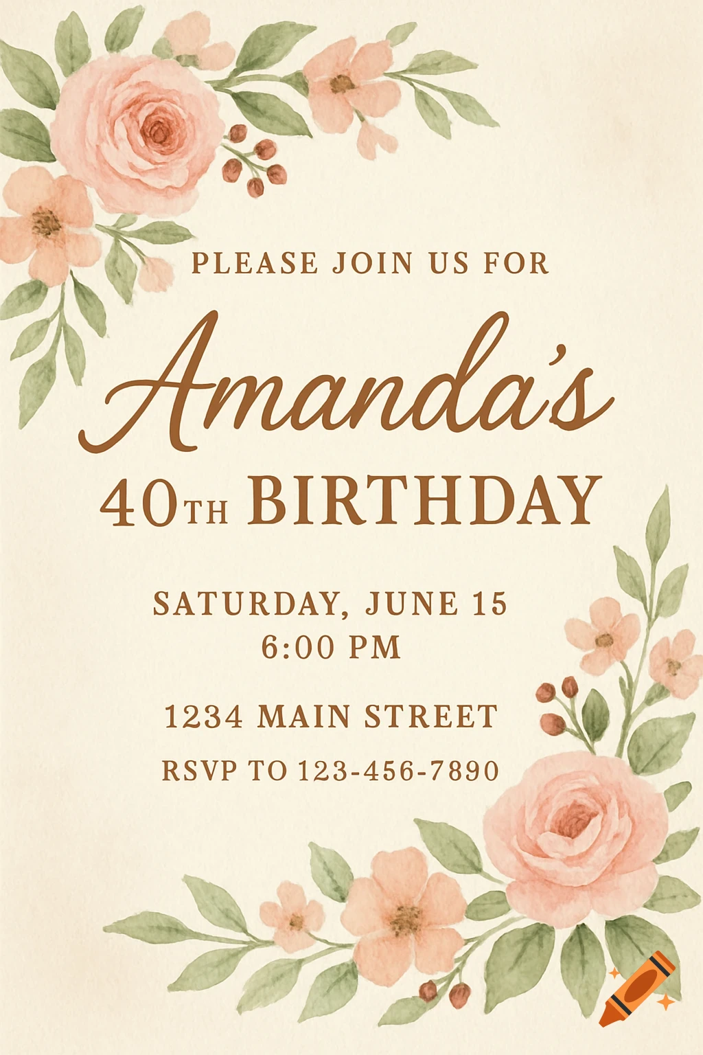 Birthday invitation with watercolor flowers.