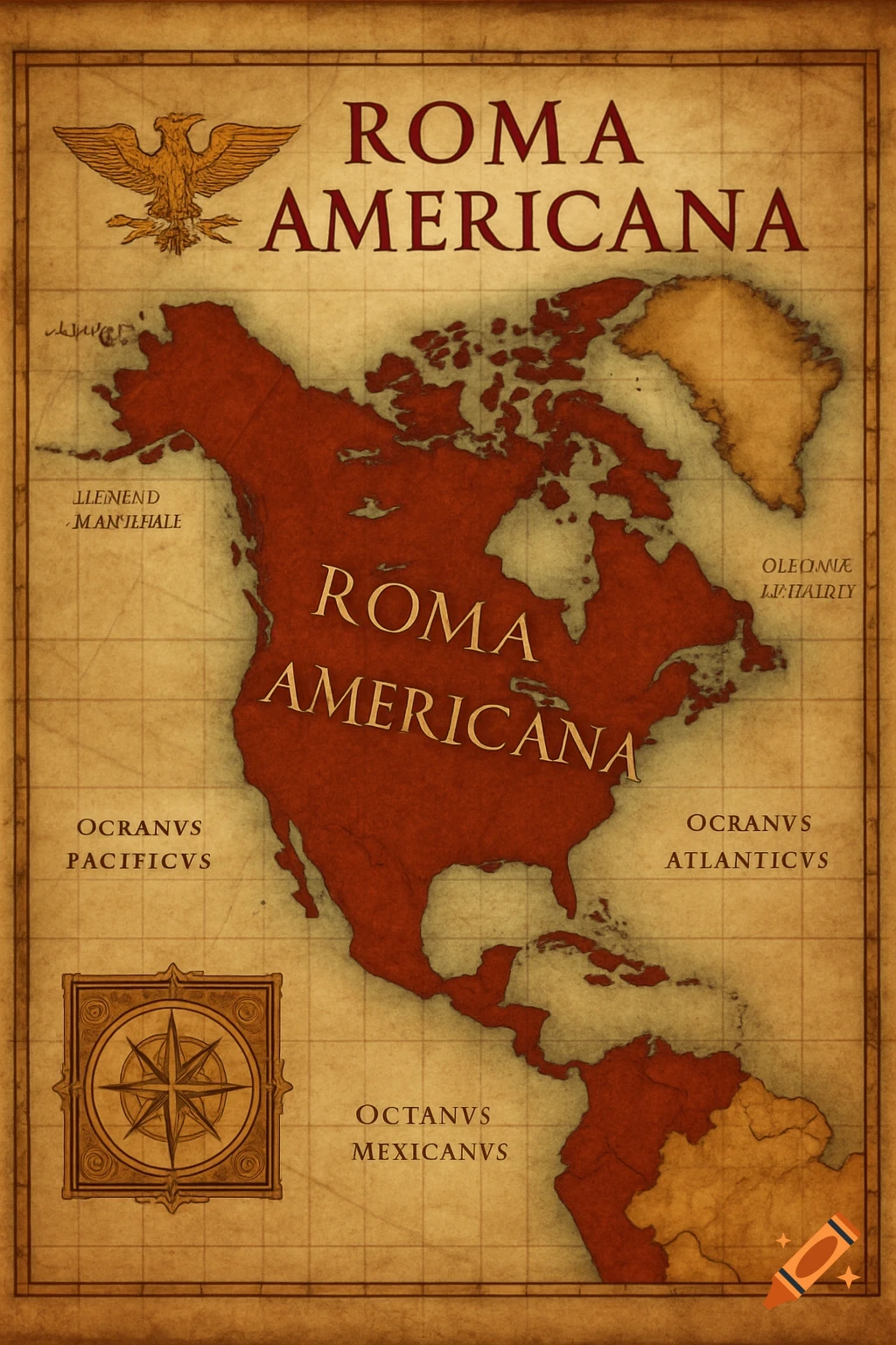 An old-style map of North America, labeled "ROMA AMERICANA", featuring Roman eagles and Latin text.