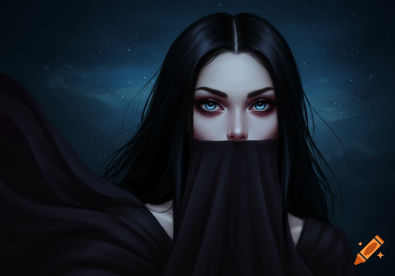 Dark fantasy portrait of a woman with striking blue eyes covering her mouth with black fabric against a night sky.