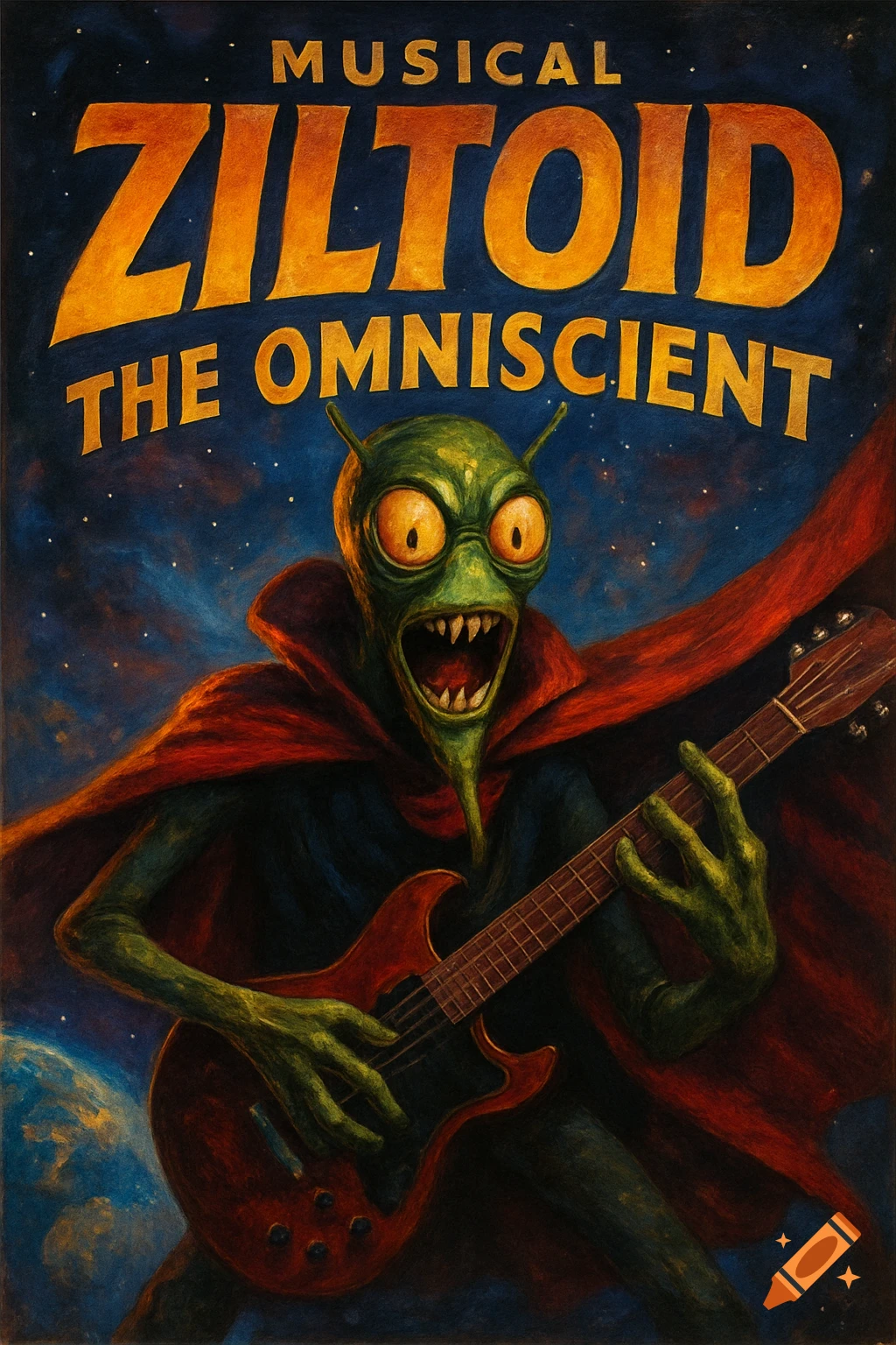 Stylized poster of a green alien playing a guitar in space, with the text 'Musical Ziltoid The Omniscient'.