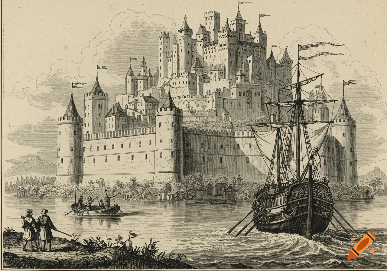 Vintage drawing of a large castle on a hill overlooking water, with a sailing ship and rowboats in the foreground.