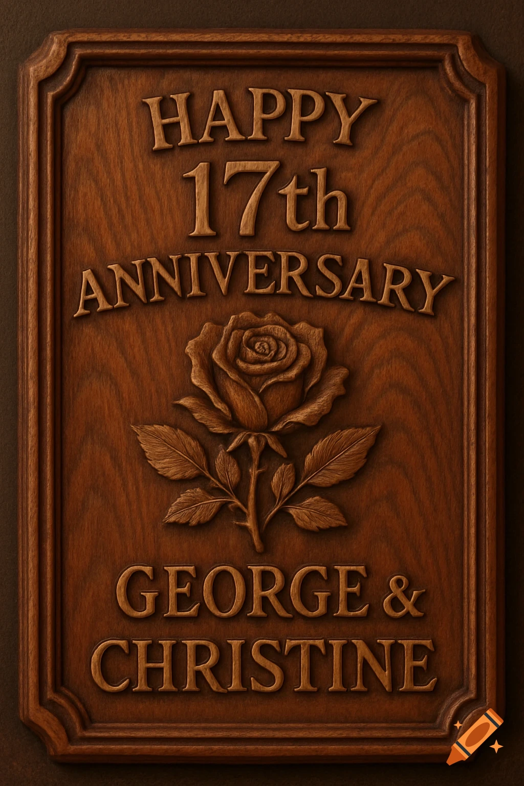 Carved wooden plaque with 'Happy 17th Anniversary George & Christine' and a rose