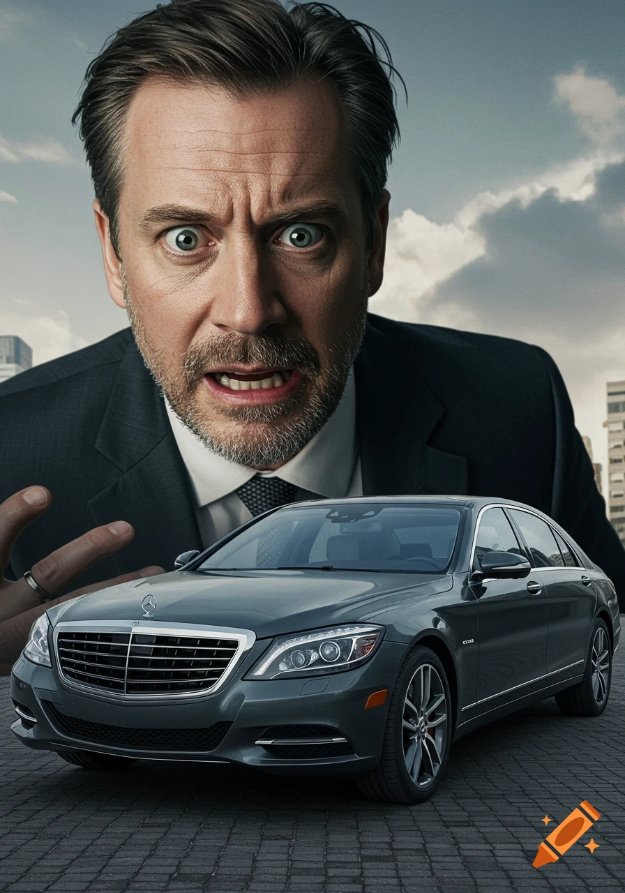 Large man looks intensely down at a luxury car parked in front of him