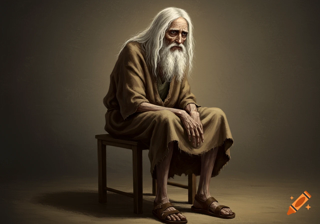 Painting of a frail old man with long white hair and beard seated on a chair.