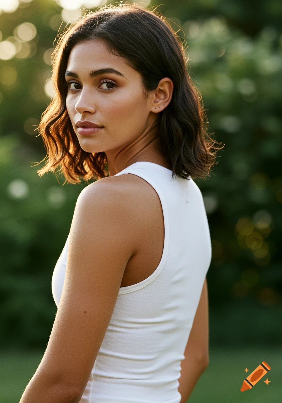 Outdoor portrait of a woman in a white tank top looking over her shoulder