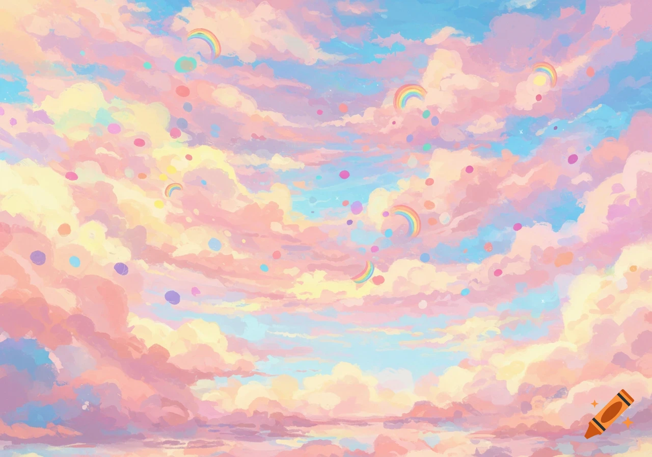 Pastel sky with clouds, rainbows, and colorful spots