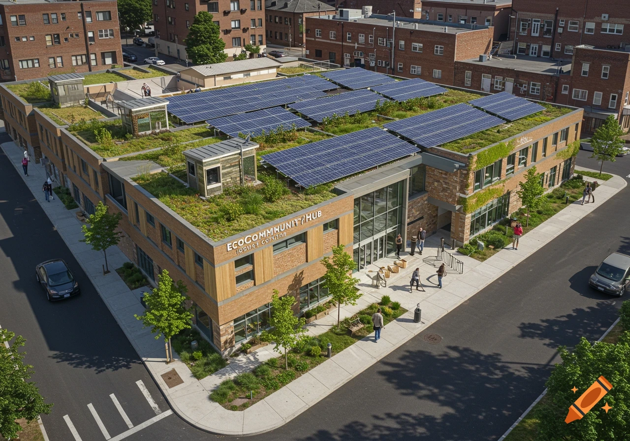 Aerial view of a modern building with solar panels, green roof, and glass entrance in an urban setting.