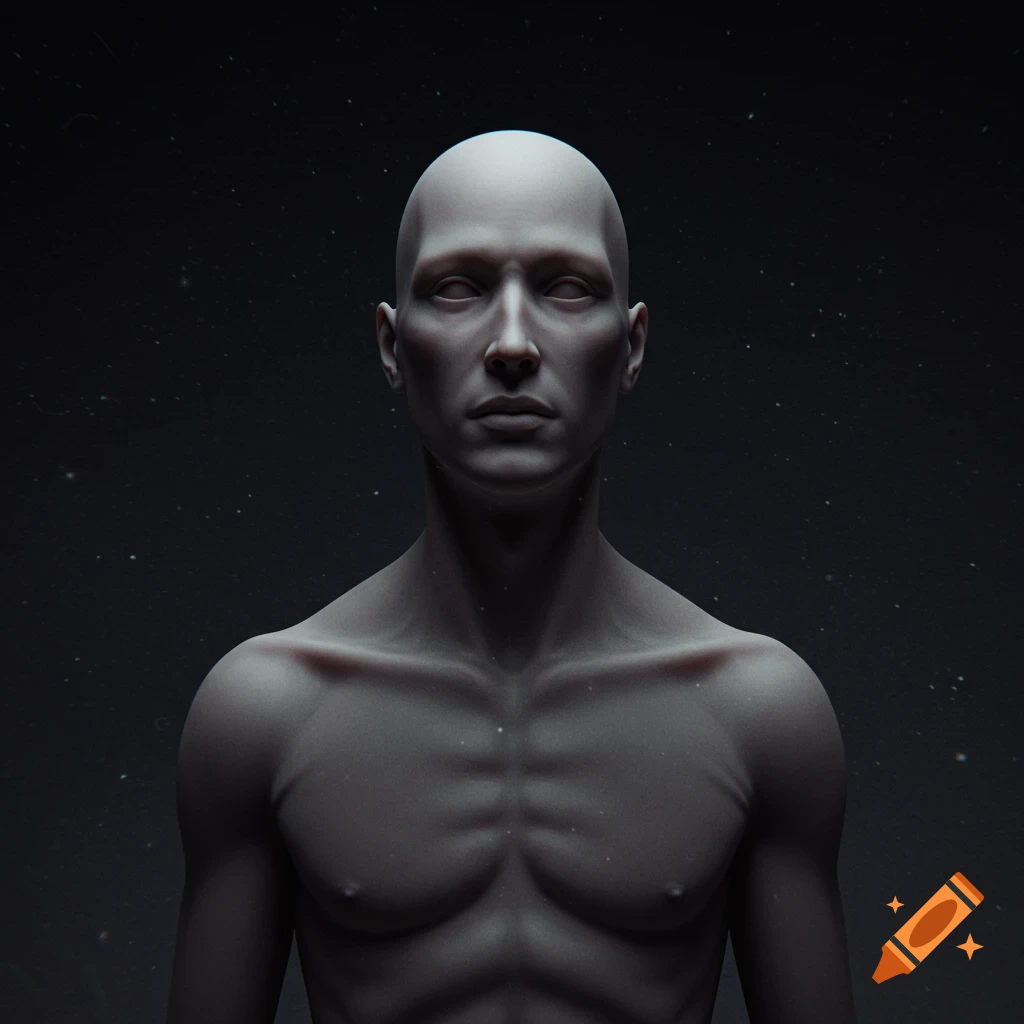 A bald, pale figure with defined chest muscles stands against a dark, starry background