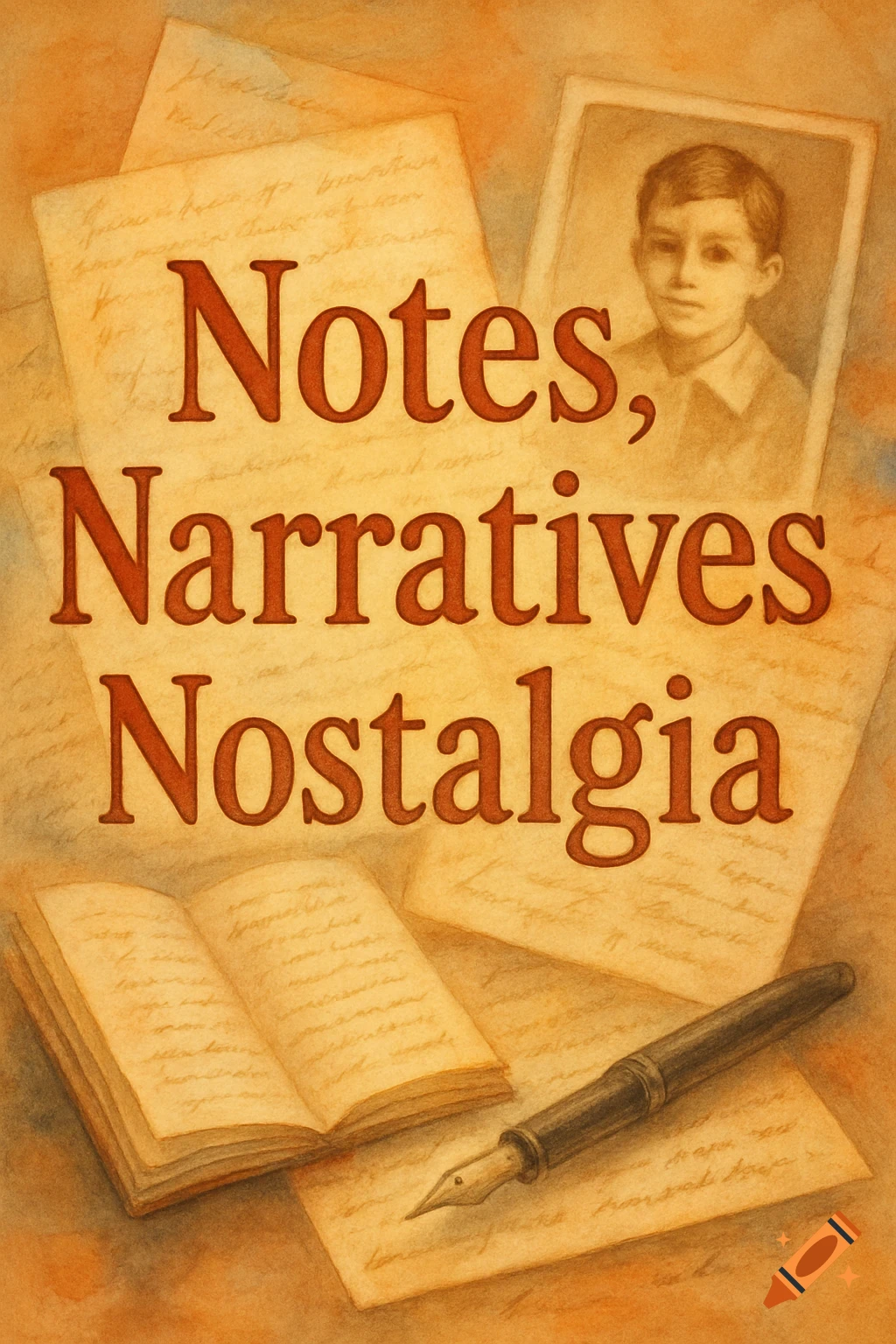 Title 'Notes, Narratives Nostalgia' over vintage papers, book, pen, and boy portrait in a drawing style.