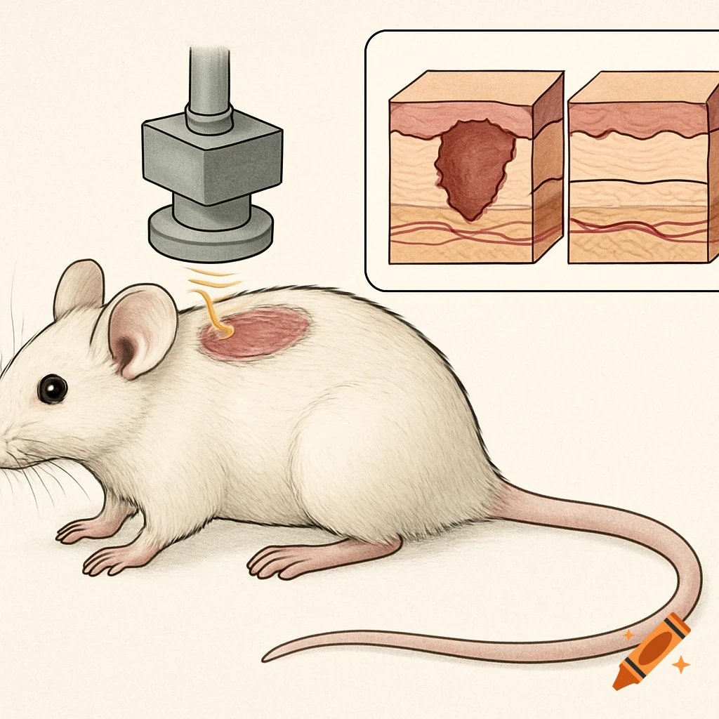 Scientific illustration of a mouse with a device on its back, next to diagrams showing skin wound healing progression.