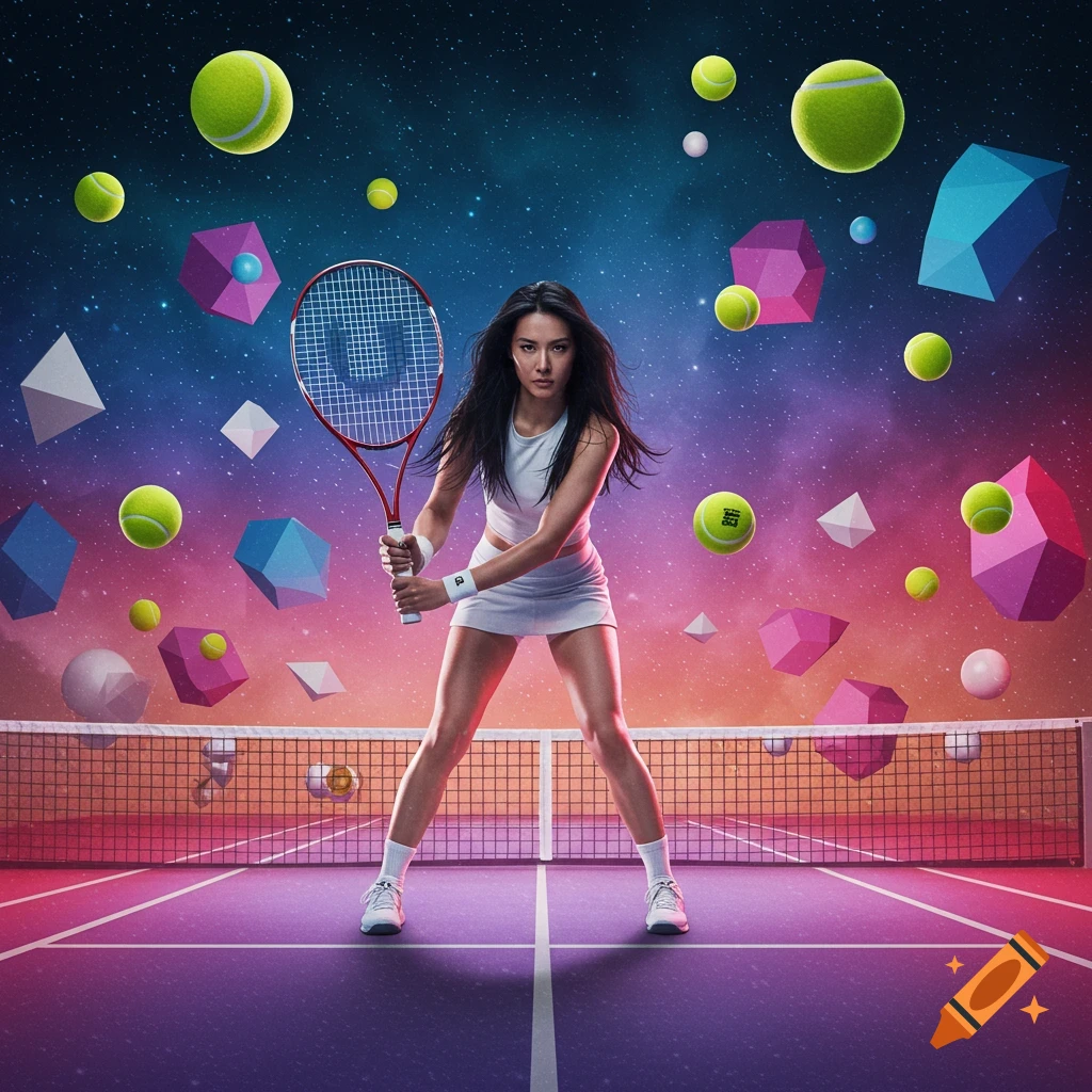 Female tennis player on a surreal tennis court with floating tennis balls and geometric shapes against a starry sky.
