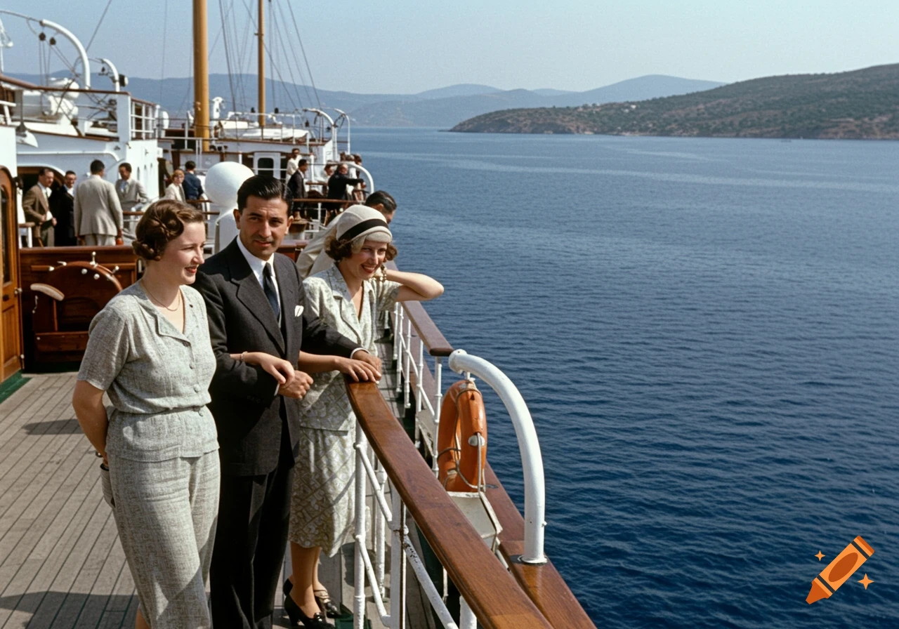 Vintage photo of people on a ship looking at the sea.
