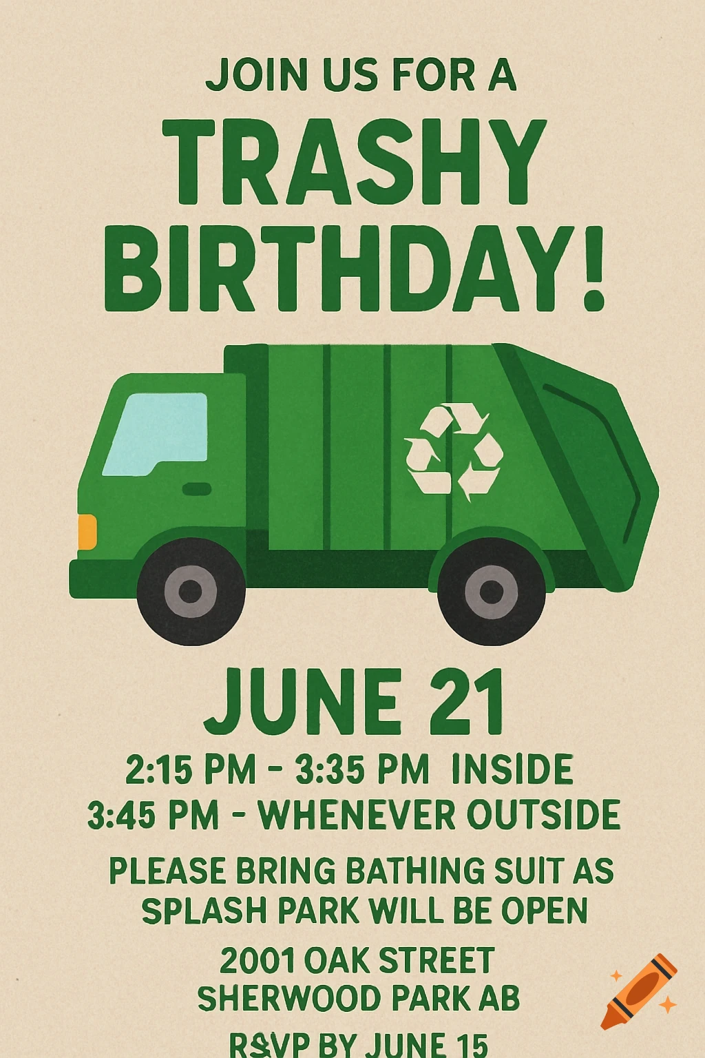 Birthday invitation illustration with a green garbage truck and party details.