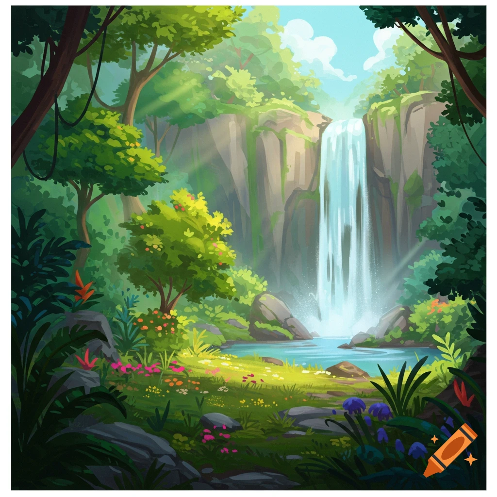 A vibrant, stylized landscape painting of a waterfall cascading into a pool surrounded by lush forest and colorful flowers.