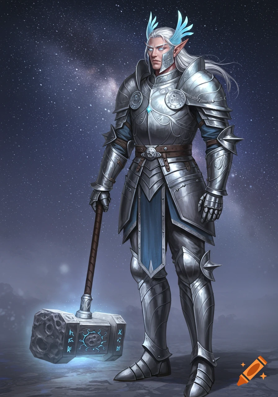 Male astral elf knight in full plate armor holding a warhammer against a starry space background, digital painting