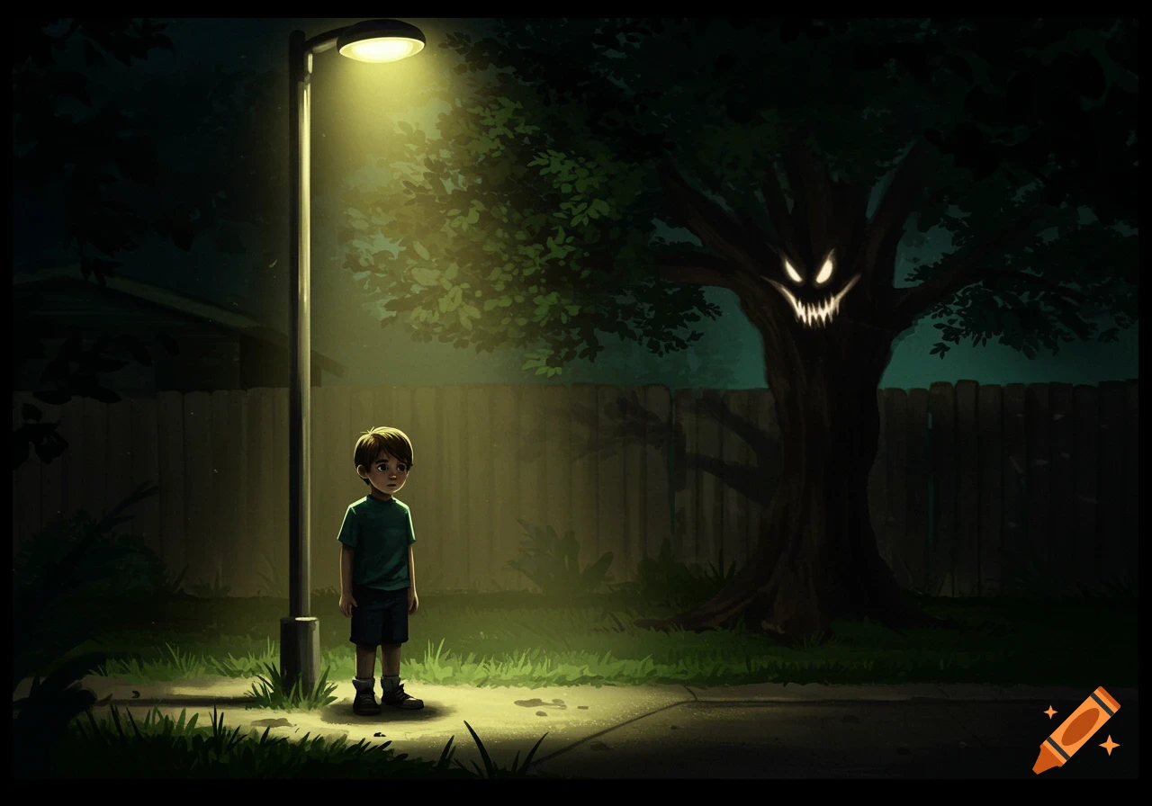 A young boy stands under a streetlamp at night, with a scary tree silhouette looming behind him.