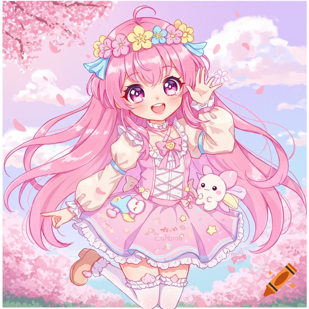 Cute anime girl with pink hair, flower crown, and dress, smiling in a cherry blossom background.