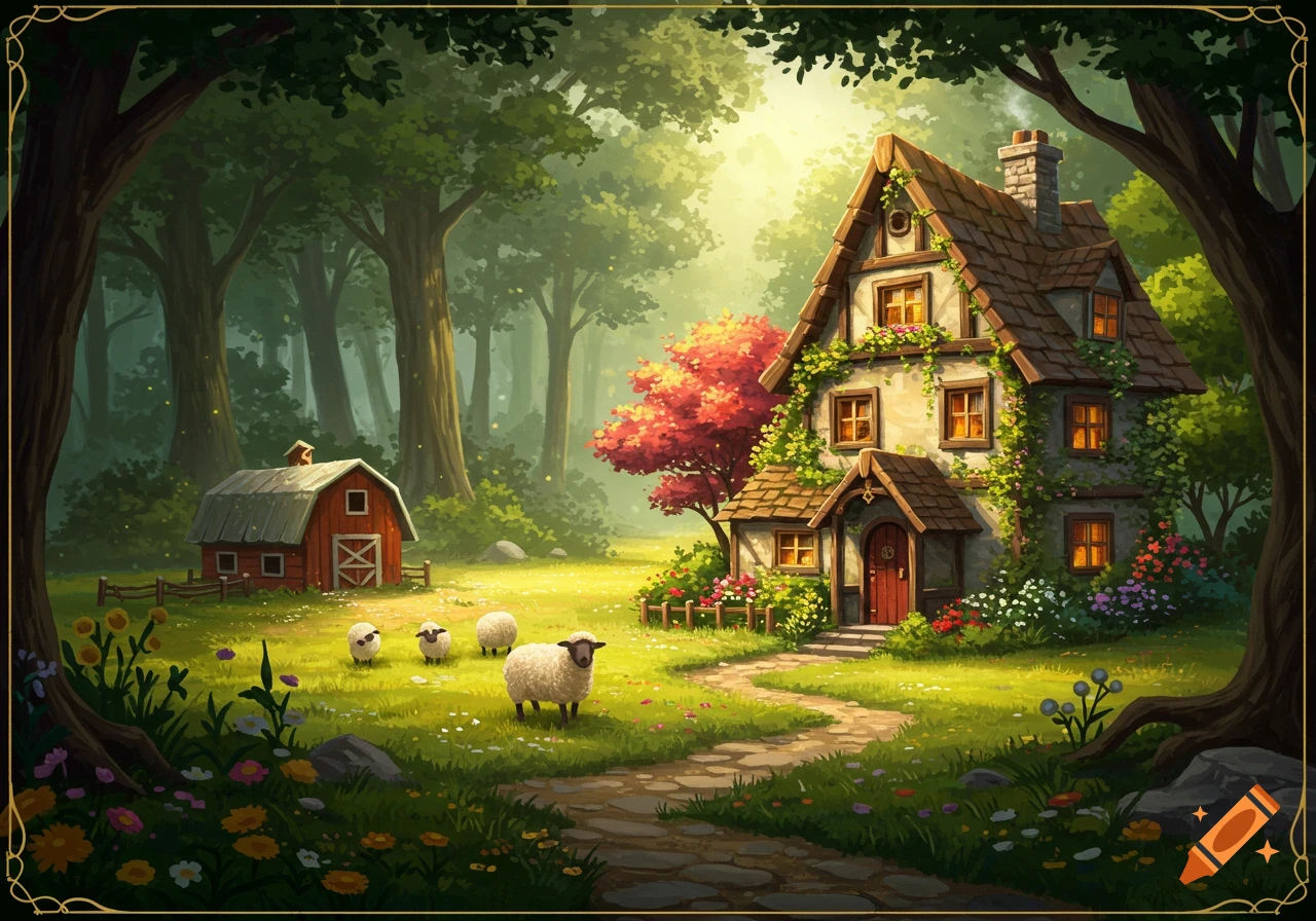 A fantasy cottage and barn in a sunny clearing with sheep and woods.