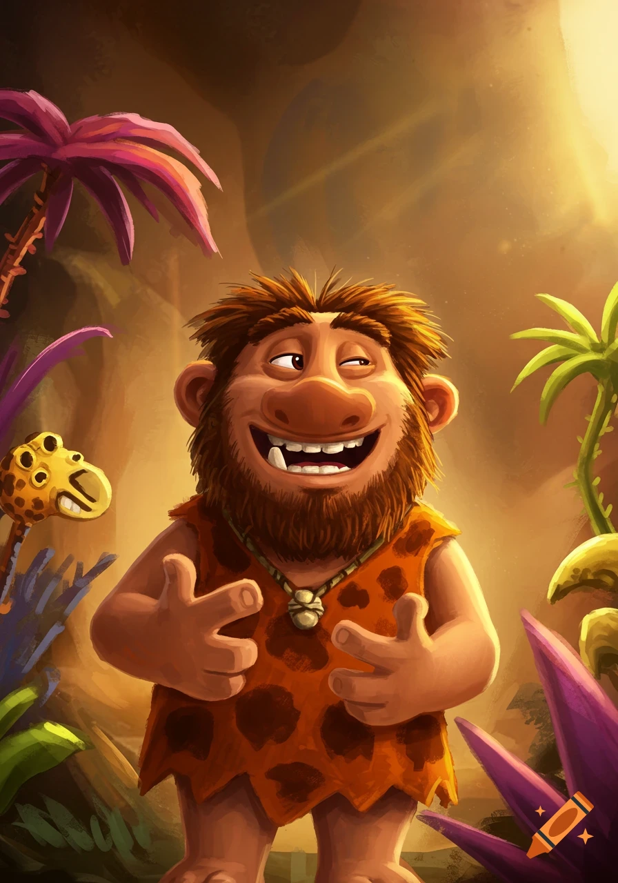 Cartoon caveman Grug smiles and gestures thumbs-up in a jungle setting.