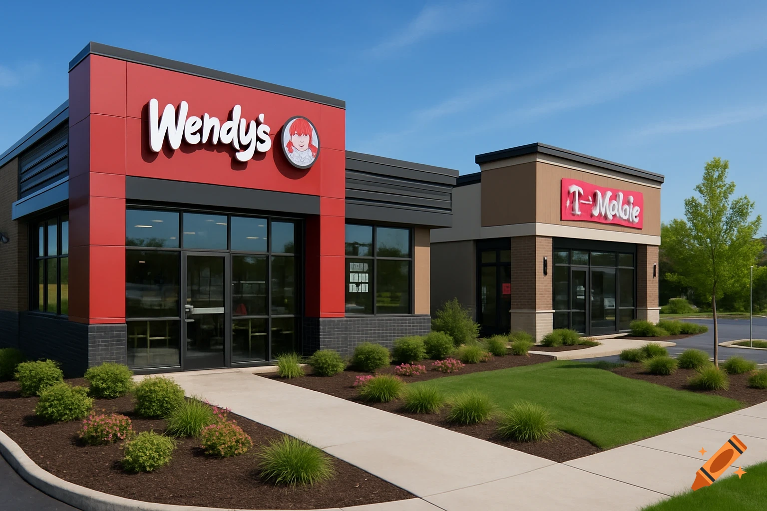 A red Wendy's restaurant and a beige building with a pink sign stand side-by-side on a sunny day with landscaping.