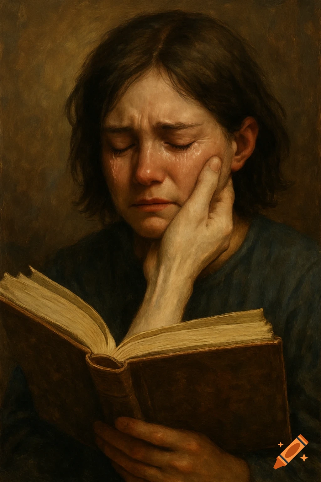 A person crying while reading a book, with a hand holding their cheek, in a painting style.
