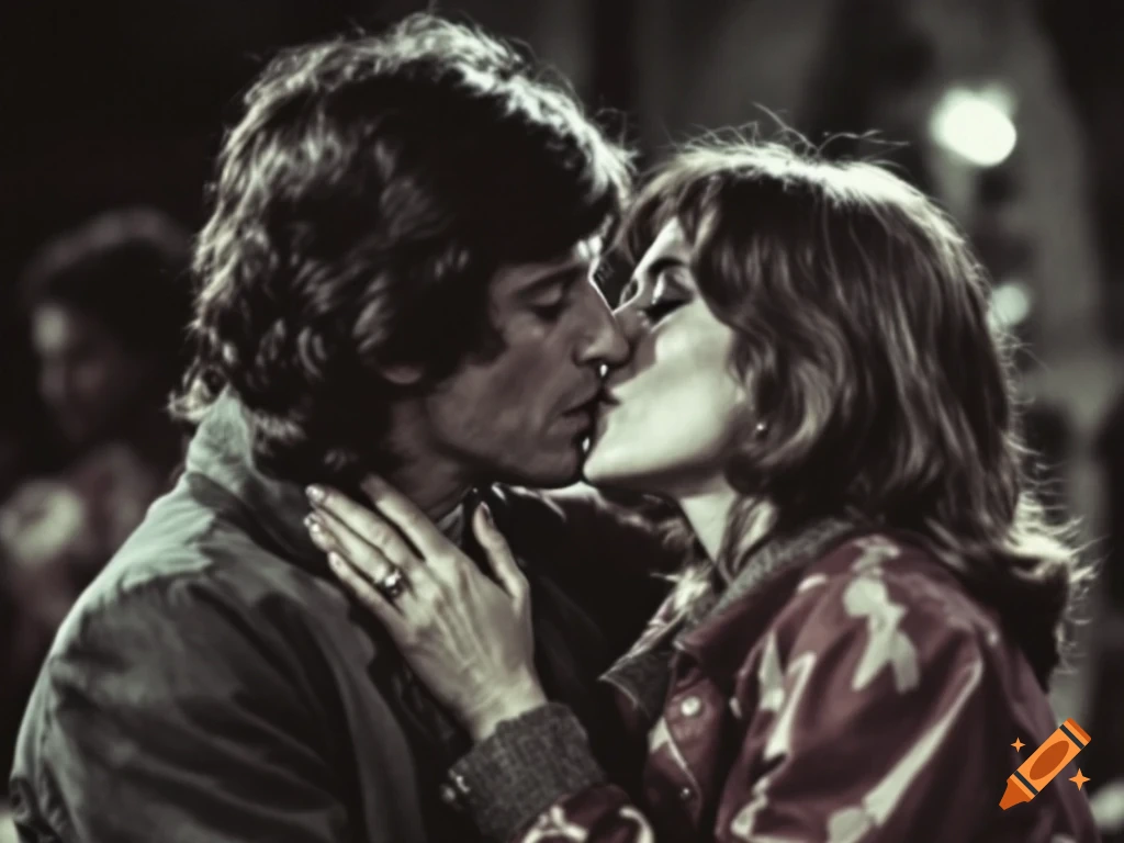 Man and woman kissing passionately in a vintage style.