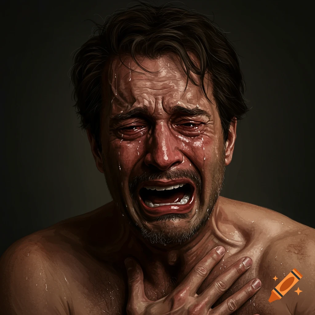 Hyper-realistic illustration of a man weeping and wailing hysterically.