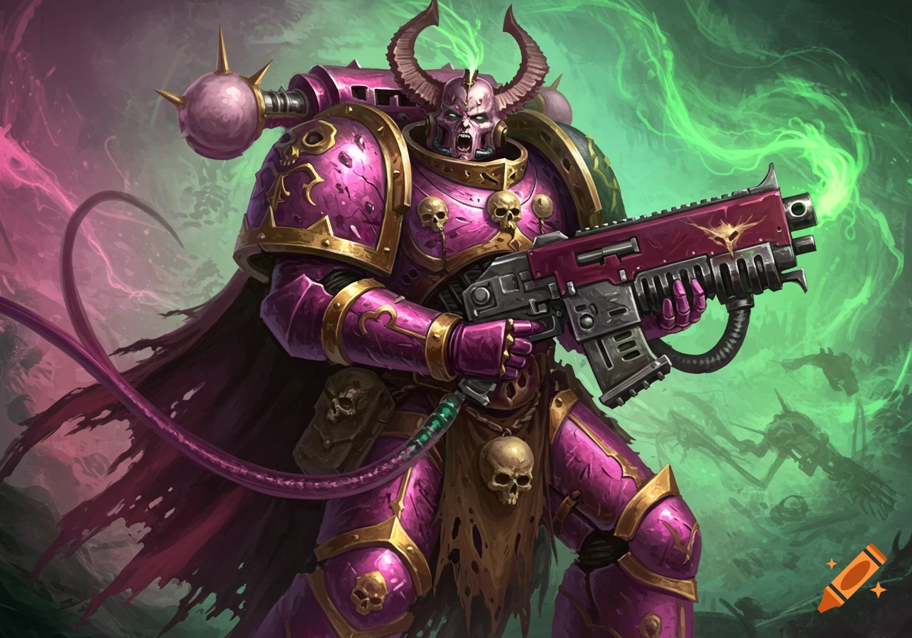 A Chaos Space Marine in purple and gold armor holds a combat rifle against a swirling green and pink background.