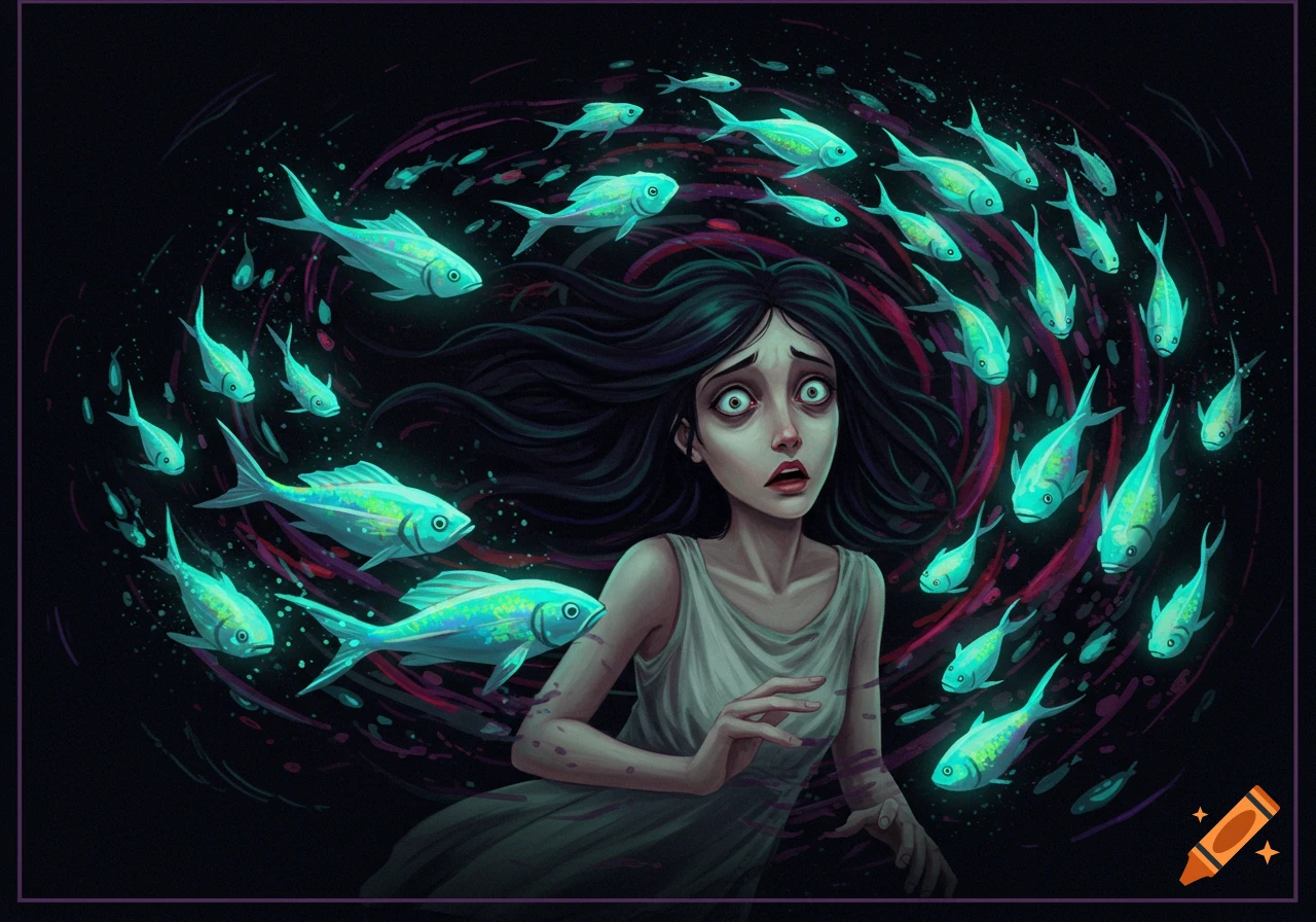 Illustration of a scared woman surrounded by glowing fish in a dark, stylized scene.