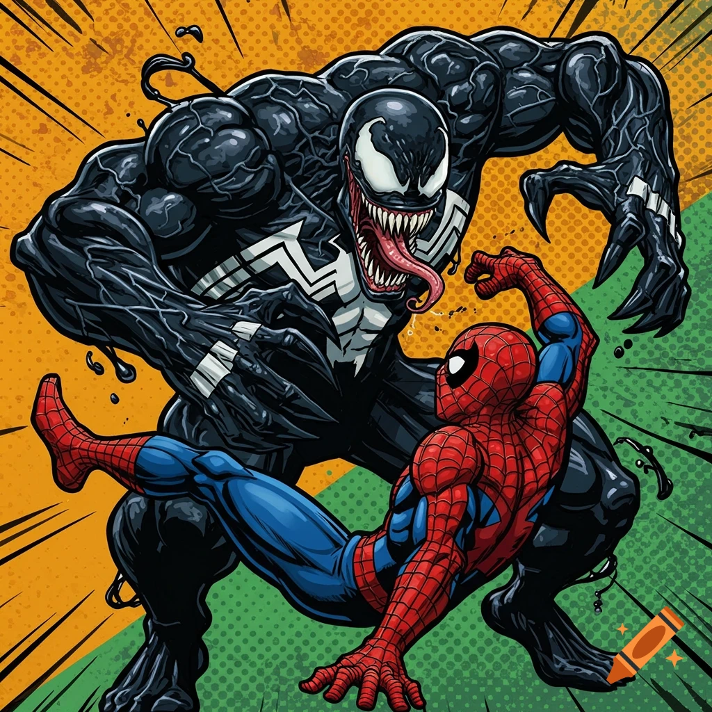 Vintage comic illustration of Venom fighting Spider-Man.