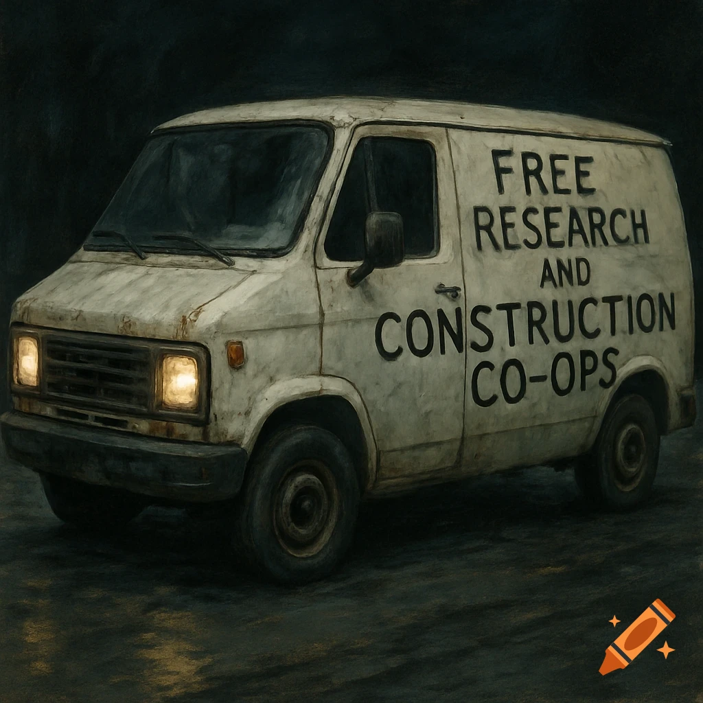 Grungy white van with 'FREE RESEARCH AND CONSTRUCTION CO-OPS' painted on the side, in a dark, painterly style.