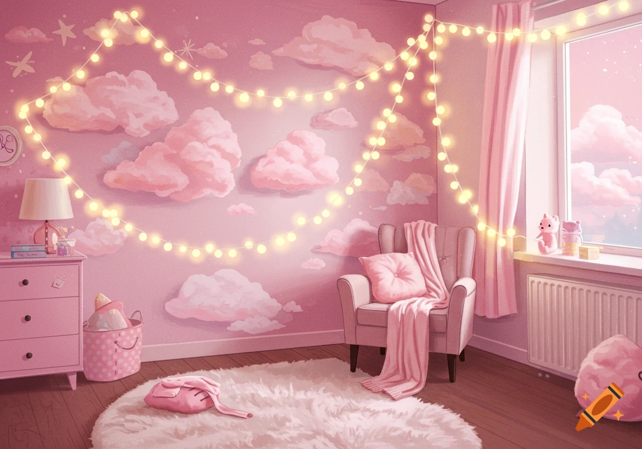 A cute pink pastel room with clouds on the wall, fairy lights, a plush chair, and a fuzzy rug.