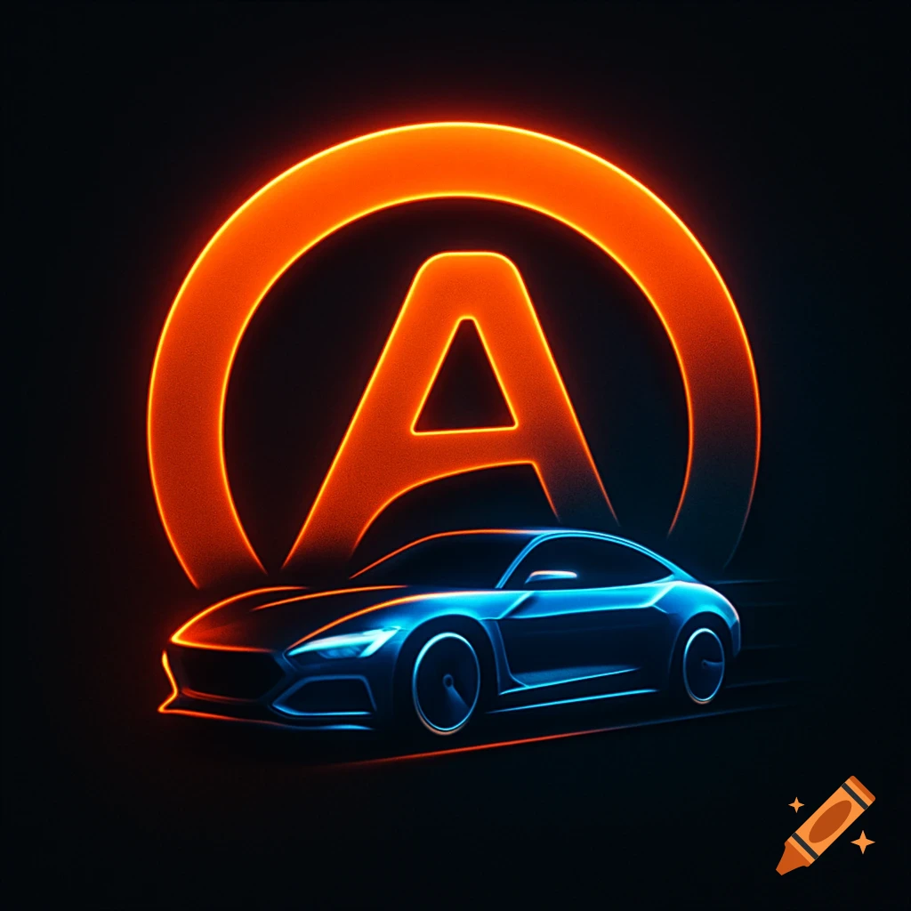Futuristic neon logo with orange 'O' and 'A' letters and a blue sports car outline.