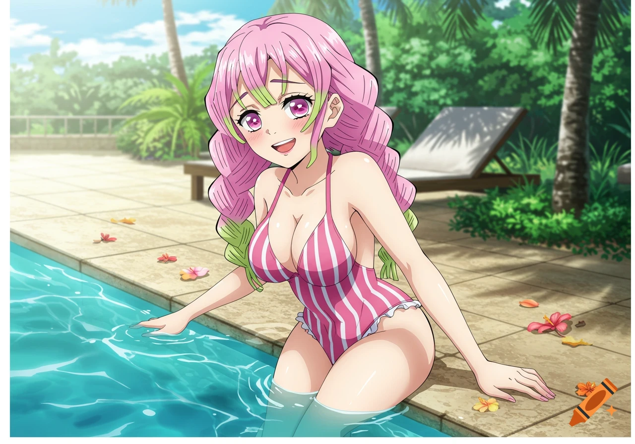 Mitsuri Kanroji in a striped swimsuit by a pool