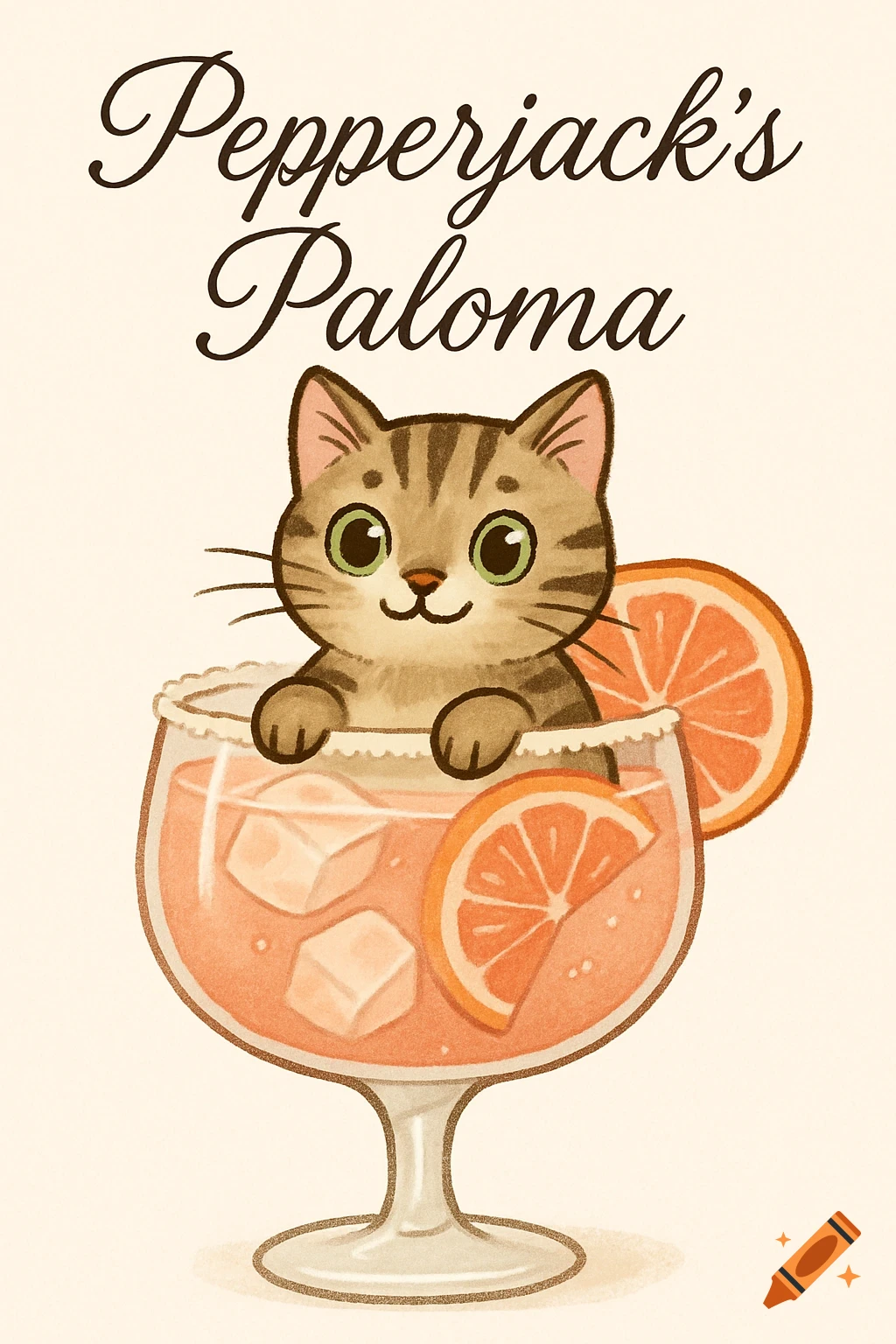 Cartoon illustration of a tabby cat sitting in a cocktail glass with text "Pepperjack's Paloma" above.
