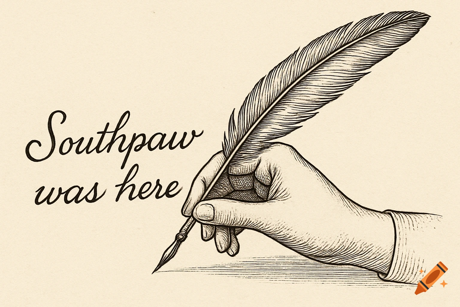 Illustration of a hand writing 'Southpaw was here' with a quill pen in a vintage engraving style.