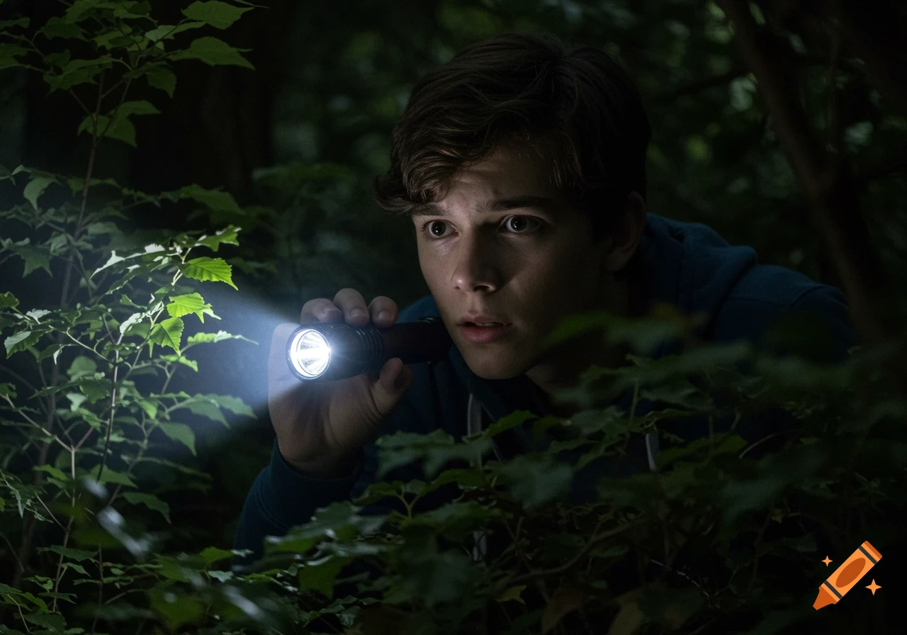 Teenager shines a flashlight into the dark forest at night.