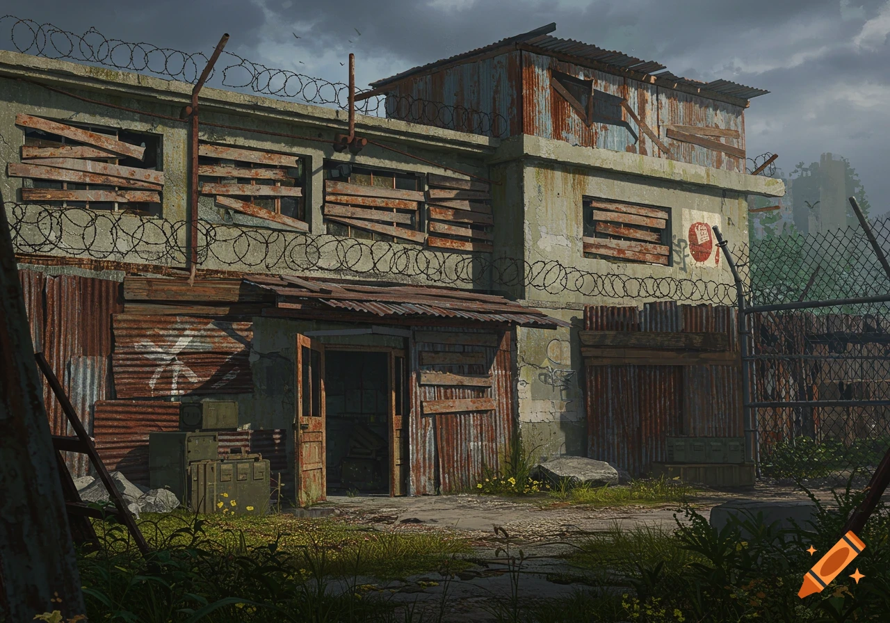 A ruined concrete building with boarded windows, barbed wire, and rusty corrugated metal siding in a post-apocalyptic setting.