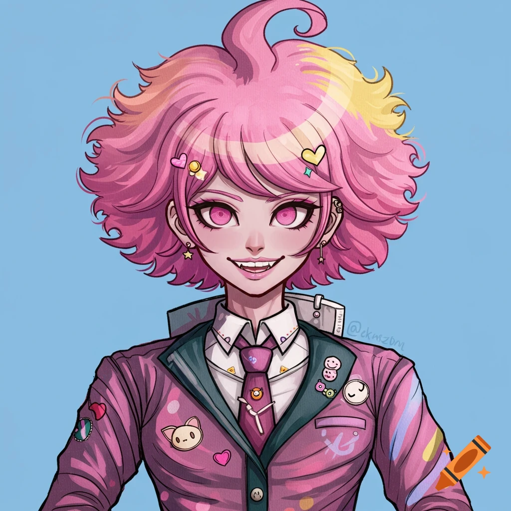 Anime portrait of person with pink fluffy hair in school uniform with pins