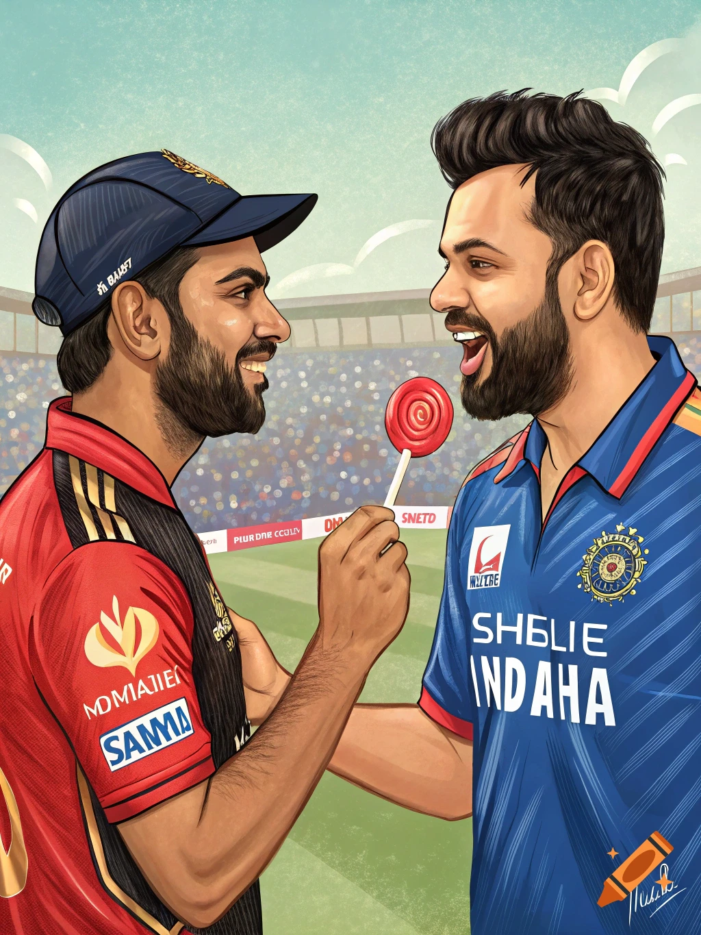 Illustrated image of two male cricketers, one in a red jersey giving a lollipop to one in a blue jersey in a stadium.